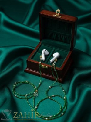  Мултифункционална верижка 3-в-1 в наситен горскозелен нюанс, преплетена с нежни перлени мъниста, дълга 76 см - N1701